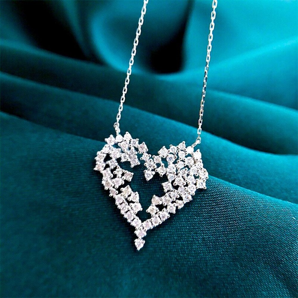 New Stunning 925 Silver Diamond Lace Heart Necklace - Picture 3 of 5